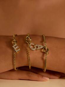 MECYLIFE 1pc Personalized Letter Charm Bracelet, Micro-Inlaid Letter Pendant Stainless Steel Knotted Bracelet, Unique Daily Jewelry - Yellow Gold - View 1