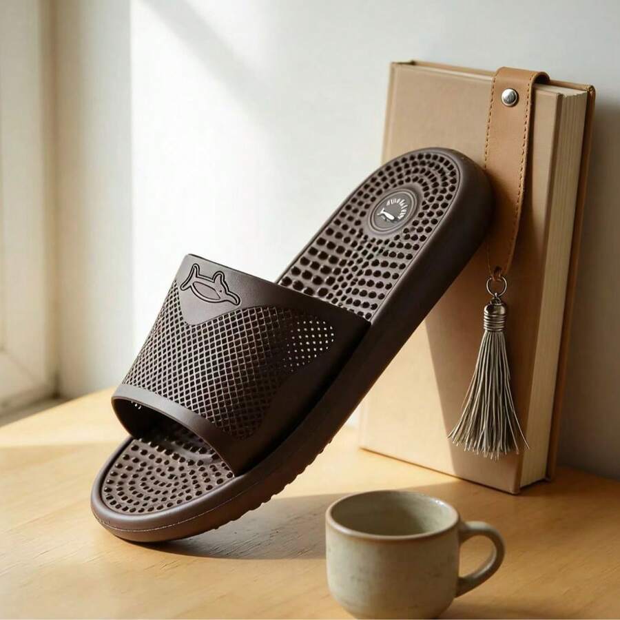 1 Pair Men's Summer Slippers, Flat, Non-Slip, Bathroom, Beach, Home & Casual Slippers With Massage Sole Design - Brown - View 1