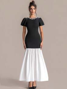 Women's Black & White Contrast Rhinestone Collar Puff Sleeve Fishtail Dress, Retro Elegant Style - Black - View 1