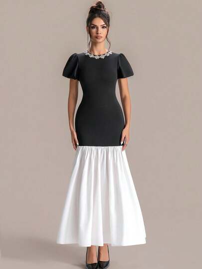 ASANDY Women's Black & White Contrast Rhinestone Collar Puff Sleeve Fishtail Dress, Retro Elegant Style