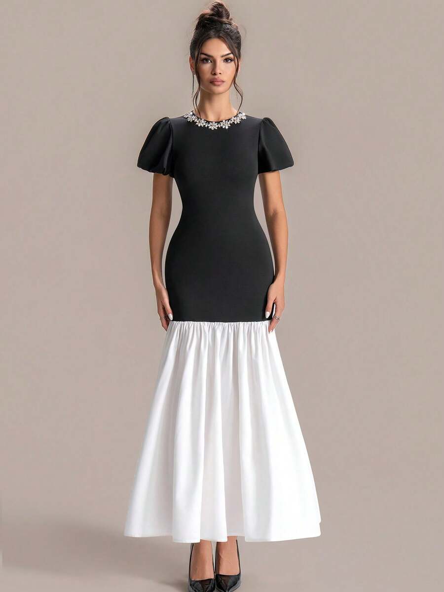 Women's Black & White Contrast Rhinestone Collar Puff Sleeve Fishtail Dress, Retro Elegant Style - Black - View 1