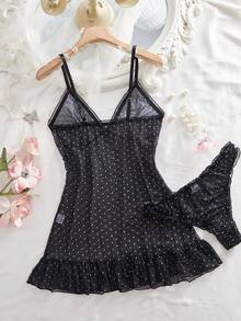 2件套波点睡裙性感女士薄纱网眼内衣吊带裙套装（含内裤） - 黑色 - 查看 3