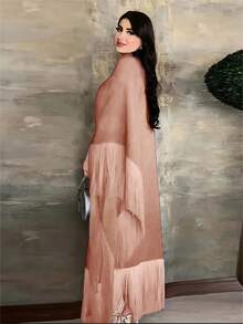 Elegant Fringe Kimono, Loose Abaya Robe - Pink - View 3