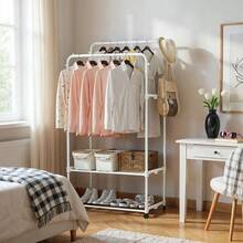 LIVINGANDHOME Living And Home  Sturdy Metal Clothes Rack Double Rod Design With Side Bars Hooks For Garments Towels Bags Storage Holiday - White - View 5