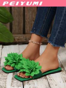 PEIYUMI 夏季独特花卉装饰平底凉鞋，时尚防滑女士凉鞋，沙滩休闲派对人字拖，有白色、黑色、红色、绿色、紫红色、粉色、杏色可选 - 綠色 - 查看 3
