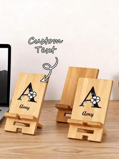 Personalized Wooden Phone Stand, A-Z Letter & Floral Pattern, Multi-Functional Stand, Suitable For Smartphones And Tablets. Helps Organize Office Space, Suitable For Home And Office Use.