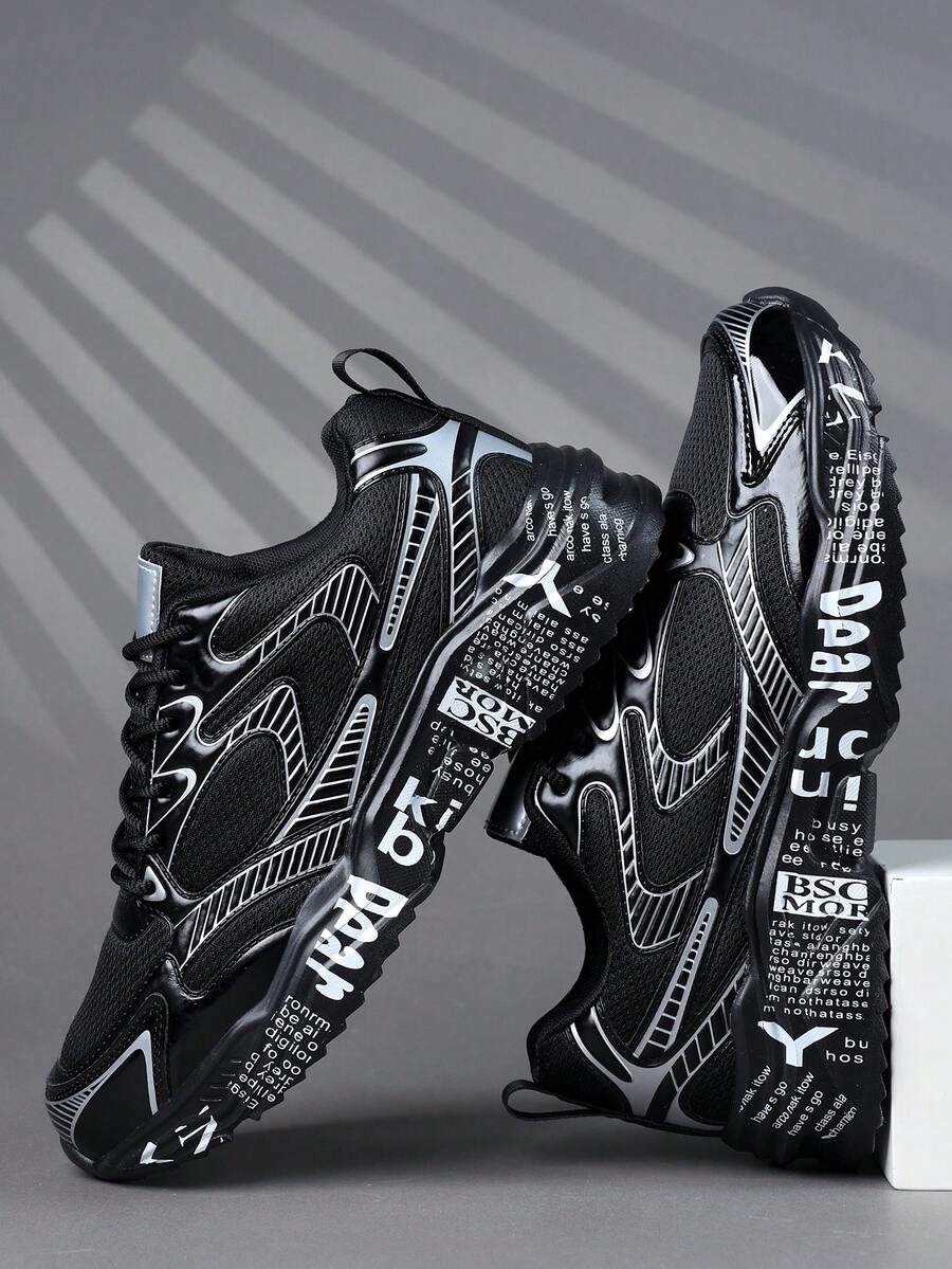 Giày thể thao nam, giày thể thao buộc dây thời trang, giày casual đường phố màu đen cá tính với đế kiểu graffiti. - màu đen - Xem 1