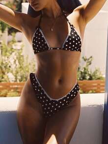 Women Polka Dot Bikini Sets Halter String Triangle Top Bottoms Ruffle Bathing Suit 2 Piece Swimwear - 黑色 - 查看 5