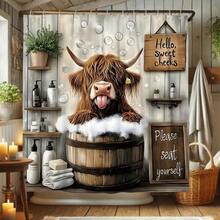1pc Cute & Humorous Highland Cow Forest Bathtub Shower Curtain, Brown & Gray Luxury Home Decor Shower Curtain With Hooks, No-Drill Bathroom Divider Curtain, Modern Home Decor And Accessories - Multicolor - View 4