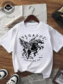 Tricou damă cu mânecă scurtă și imprimeu grafic vintage, croială lejeră, guler rotund, pentru vară, ținută de zi cu zi, confortabilă, topuri de bază - Negru - Vizualizare 6