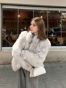Women's Elegant Faux Fur Warm Jacket, Long Sleeve Stand Collar Thick Fuzzy Coat, Fashion Casual Ladies Outerwear, Luxurious Stylish Commuter Daily Winter Jacket For Women - Light Grey - View 2