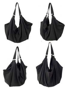 Túi đeo vai họa tiết màu trơn dung tích lớn, túi xách đeo chéo thường ngày cho nữ, túi tote bằng nylon, ba lô mua sắm đa năng có thể tái sử dụng thích hợp cho công việc, học tập, du lịch - màu đen - Xem 11