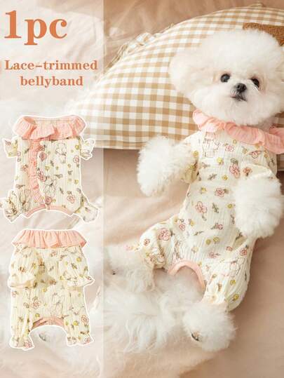 Puppy-Themed Lace-Trimmed Bellyband, Warm Floral Print Four-Legged Teddy Bear Coat For Autumn And Winter, Suitable For Small Dogs, Including Bichon Frises, Pet Clothing, Loungewear, Delicate Neckline, Appropriate Shoulder Width, Button Design, Perfect For Pet Parties, Home Wear, And Birthday Gifts.