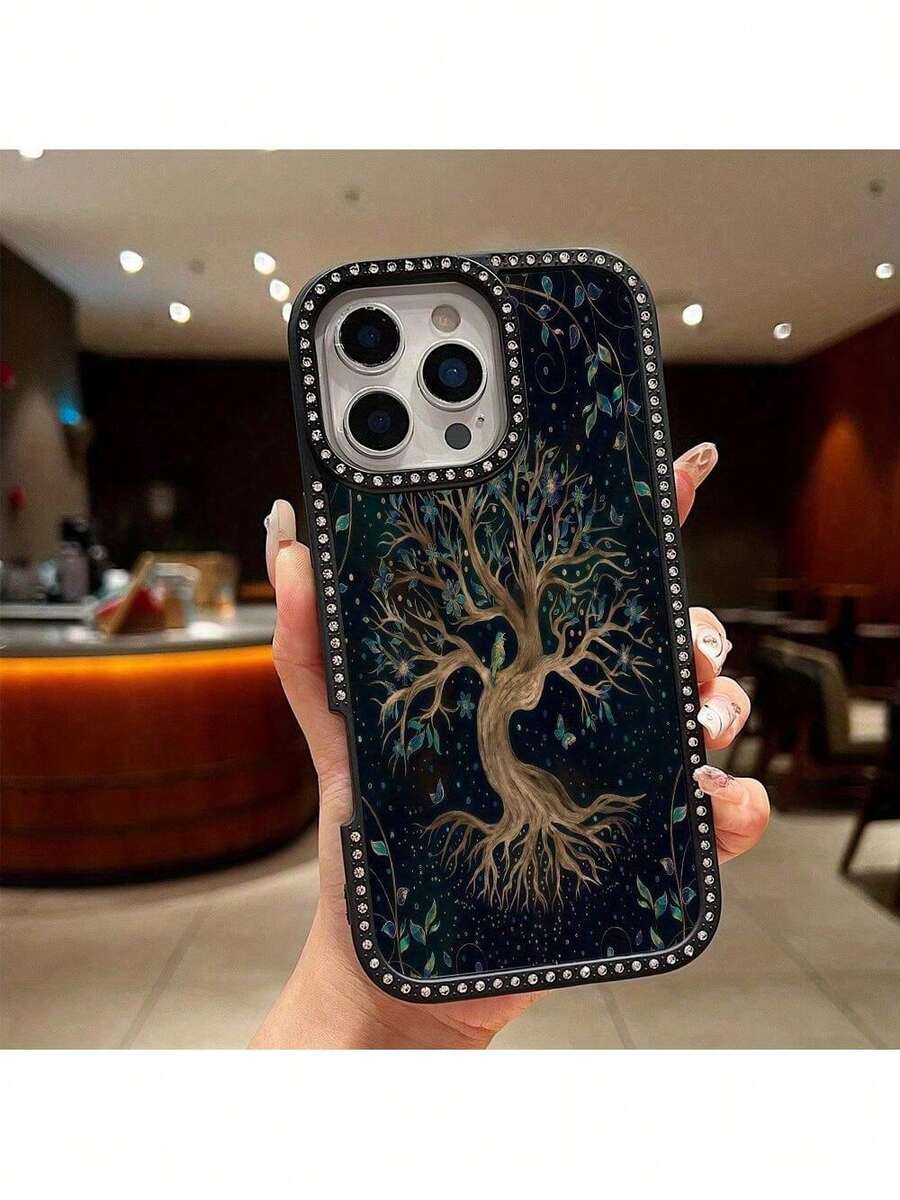 a la UE (DE y ES) 1 pieza Funda de teléfono con diamantes a doble cara, con un árbol antiguo estrellado y un árbol de la vida, en estilo vintage, adecuado para iPhone 11/12/13/14/15/16/PRO/16PRO MAX/15PLUS/16E, perfecto para eventos nocturnos, exposiciones de joyas, aniversarios y un gran regalo para entusiastas de la moda, amantes de las joyas y mujeres elegantes. - Rosa - Ver 1
