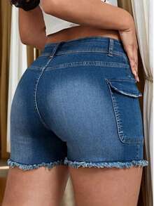 Women's Fashion Blue Denim Shorts, Straight Leg, With Pockets, Zipper And Button Details, Medium Stretch, Casual Style - Royal Blue - View 3