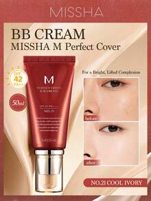 MISSHA M Perfect Cover BB Cream, 50ml, Lightweight & Breathable, Creates Natural Makeup Look, Hydrating Makeup Primer, SPF42, Full Coverage, Anti-Aging - #21 Light Beige - View 2