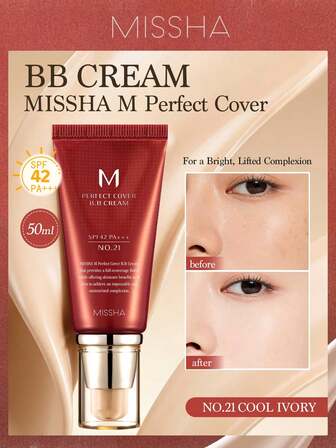  MISSHA M Perfect Cover BB Cream, 50ml, Lightweight & Breathable, Creates Natural Makeup Look, Hydrating Makeup Primer, SPF42, Full Coverage, Anti-Aging