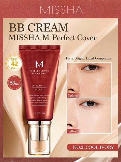  MISSHA M Perfect Cover BB Cream, 50ml, Lightweight & Breathable, Creates Natural Makeup Look, Hydrating Makeup Primer, SPF42, Full Coverage, Anti-Aging