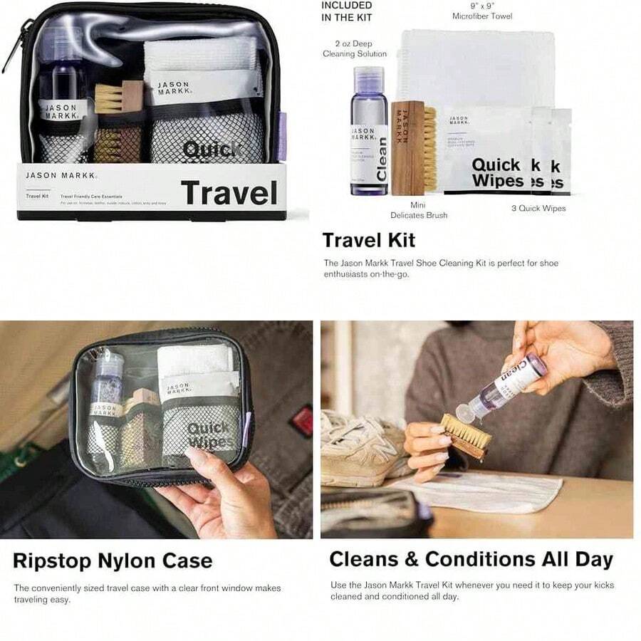 YEUSS WEWI Jason Markk Kit de limpieza de zapatos de viaje, limpiador de zapatos, juego de 5 piezas, tamao de viaje, ideal para calzado,  en piel, gamuza, nubuck, algodn, tejidos, Negro -, Talla unica - como se muestra en la figura - Ver 1