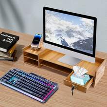 Soporte elevador para monitor de bambú, soporte para monitor exquisito con cajón, soporte para monitor de madera ergonómico con altura ajustable, estantería para computadora con cajón con cerradura - por defecto - Ver 3