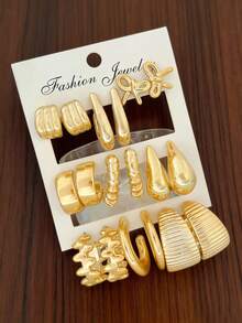 6/18pcs Stylish Gold Geometric Earring Set, Personalized Versatile Earrings Set For Women - Gold - View 3