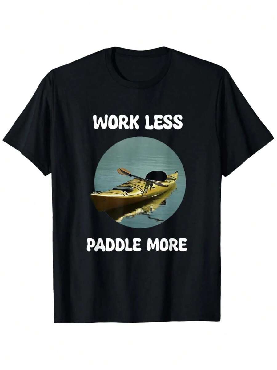 Camiseta de patrón de trabajo para hombres, menos remo y más kayak, camiseta casual con diseño de tabla de surf y puesta de sol, manga corta, cuello redondo - Negro - Ver 1