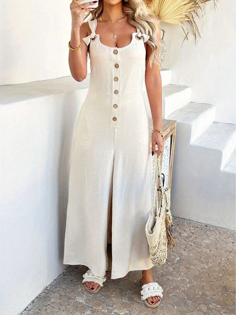 Casual Solid Color Polyester Knotted Button Jumpsuit, Summer Vacation Elegant - Apricot - View 1