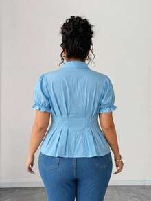 畅销款褶皱泡泡袖女士优雅休闲衬衫 - 藍色 - 查看 2