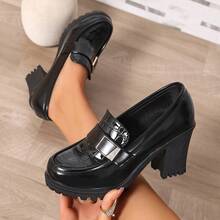 Women's Rhombus Pattern Preppy Style Casual PU Leather Buckle High Heel Pumps, Black Chunky Heel Office Shoes For Spring & Autumn - Black - View 5