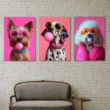 3pcs Dog Colorful Bubble Gum Fashion Glasses Poster Prints, Samoyed, French Bulldog, Corgi Canvas Wall Art, Home Decor - Multicolor - View 3