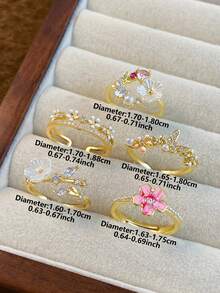 Bộ 5 chiếc nhẫn hở có thể điều chỉnh kích thước, thiết kế hoa văn, hình học, bướm thanh lịch, đính đá Cubic Zirconia và ngọc trai giả, phù hợp cho nữ giới đeo hàng ngày, đi nghỉ mát, dự tiệc, mặc thường ngày, thời trang, mùa xuân/hè (Không kèm hộp quà). - Vàng - Xem 8