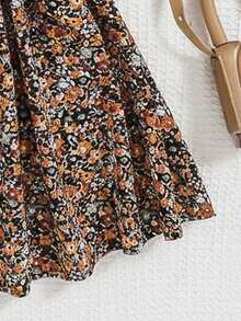 Vestido de niña con estampado floral vintage patchwork, parte superior de punto acanalado con mangas con volantes, cintura ceñida y falda acampanada, vestido casual/de fiesta dulce para primavera/otoño, fácil de usar - Óxido marrón - Ver 10