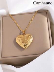 Camhanno 1件复古优雅不锈钢爱心相框项链，金色奢华百搭爱心吊坠，日常佩戴，节日礼物，生日礼物 - 彩色 - 查看 4