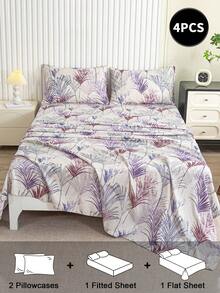 4pcs Floral Pattern Bedding Set, Includes 1 Fitted Sheet, 1 Flat Sheet And 2 Pillowcases, Protects Mattress (Pillow Insert Not Included). Luxury Fitted Sheet Set, Available In Sizes: Super King, King, Queen, Twin. Soft And Comfortable, Suitable For Bedroom, Protects Mattress. Machine Washable. - Multicolor - View 2