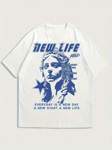 Camiseta de manga corta con cuello redondo y estampado de letras NEW LIFE, estilo retro para hombres, ilustración de figura femenina, tops de moda para verano al aire  ropa casual, talla grande - Blanco - Ver 1