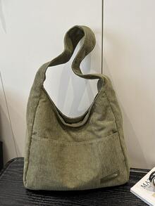 Nueva bolsa de hombro de pana de unicolor y versátil, bolso baguette minimalista casual, bolso cubo grande - Verde - Ver 9