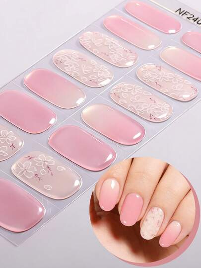 16 tiras de gel de uñas semi curadas, envoltorios de uñas de gel UV con degradado rosa/verano de flor de cerezo, calidad de salón, requiere lámpara UV, perfectos para citas de damas, pegatinas de arte de uñas DIY en casa, suministros de uñas