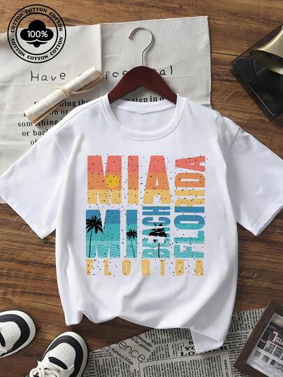 Camiseta feminina de manga curta com estampa vintage de praia de Miami, Flórida, gola redonda, ideal para o verão.
