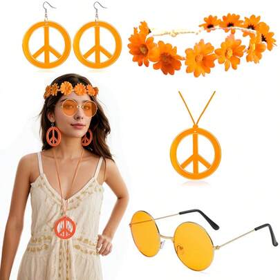 4pcs Hippie Costume Set - Glasses, Headband, Peace Sign Earrings, Necklace, Bohemian Hippie Accessories From 60s-70s,For Summer Costume