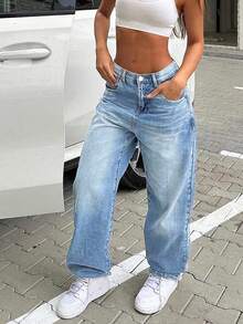 NVFelix Damen Loose Straight Leg Jeans, vintage zerstört, lässiger Y2K Streetwear Stil, blaue Farbe, geeignet für Winter, Thanksgiving, Neujahr