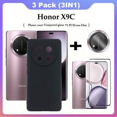 3-In-1 2026 New Honor X9C Phone Case, TPU Silicone Soft Protective Case + Full Screen Kunlun Tempered Glass Screen Protector + Lens Film