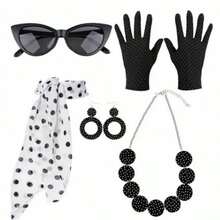 1950s Vintage Party Accessory Set For Women, Including Red Polka Dot Headband, Chiffon Scarf, 6pcs Polka Dot Earrings, Cat Eye Glasses, Beaded Necklace And Bracelet, Suitable For Holiday Parties - Red - View 17