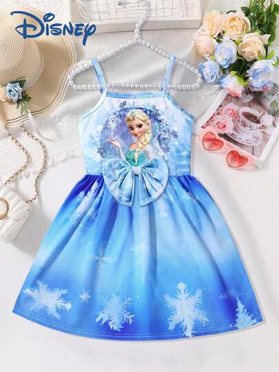 Disney Vestido de Alça Fina Estampado com Princesa Elsa Frozen Fofo para Meninas, Vestido de Férias ao Ar Livre com Cintura Marcada e Ombros à Mostra com Estampa de Flocos de Neve para Crianças