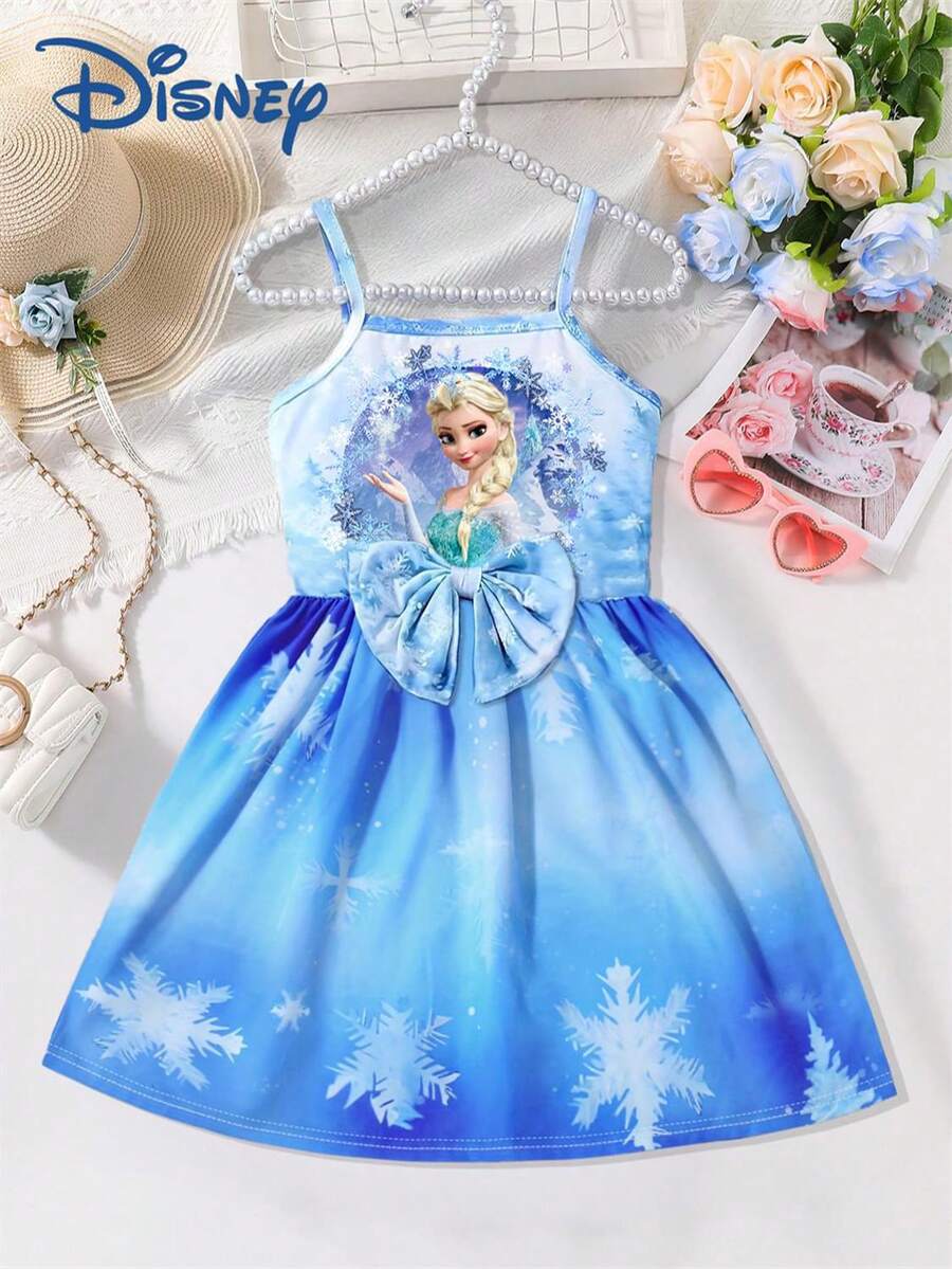 Disney Đầm hai dây dễ thương in hình công chúa Elsa trong phim Frozen cho bé gái mùa hè, đầm dự tiệc ngoài trời in hình bông tuyết, hở vai, eo thon. - Màu xanh lam - Xem 1