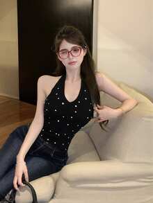 Retro Sexy Rhinestone Spaghetti Strap Fitted Camisole Tank Top For Women - Black - View 3