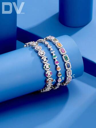 DV JEWELRY 1件装奢华女士手链，镶嵌人造锆石、彩色宝石，镀白金，优雅饰品，适合约会、婚礼、派对、周年纪念等场合佩戴。