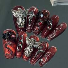 10 Pieces Of Hand Pressed Nail Art, Spring/Summer Nail Polish, Fake Nails, DIY, Dark Nipples And Cross Nail Accessories Red Nails For Girls, Ladies To Use In Weddings, Stages, Proms, Parties, Holidays, Vacation Scenes - SJ0363-S - 查看 2