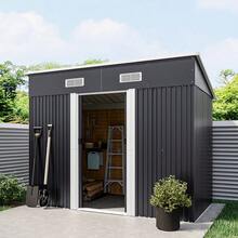 4x8ft Heavy-Duty Flat Top Tool Room/Outdoor Recycling Bins,Storage Room, Warehouse,Garden Metal Storage Room - With Integrated Base, Zinc Steel Frame+Double Sliding Door Design+2 Ventilation Grilles,Suitable For Storing Tools/Bicycles - Màu đen than - Xem 10