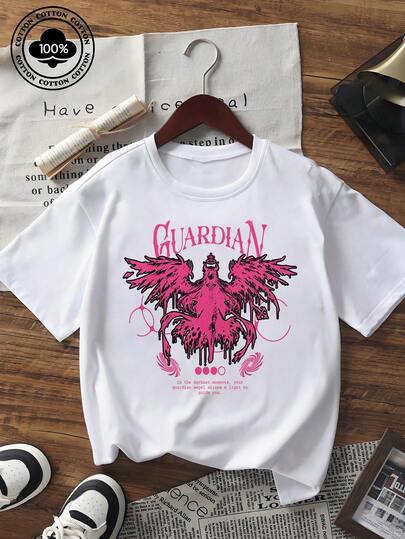 Women's Short Sleeve Guardian Phoenix Graphic Print T-Shirt Crew Neck Casual Loose Fit Streetwear Aesthetic Summer Top Fashion Black Tee For Daily Wear