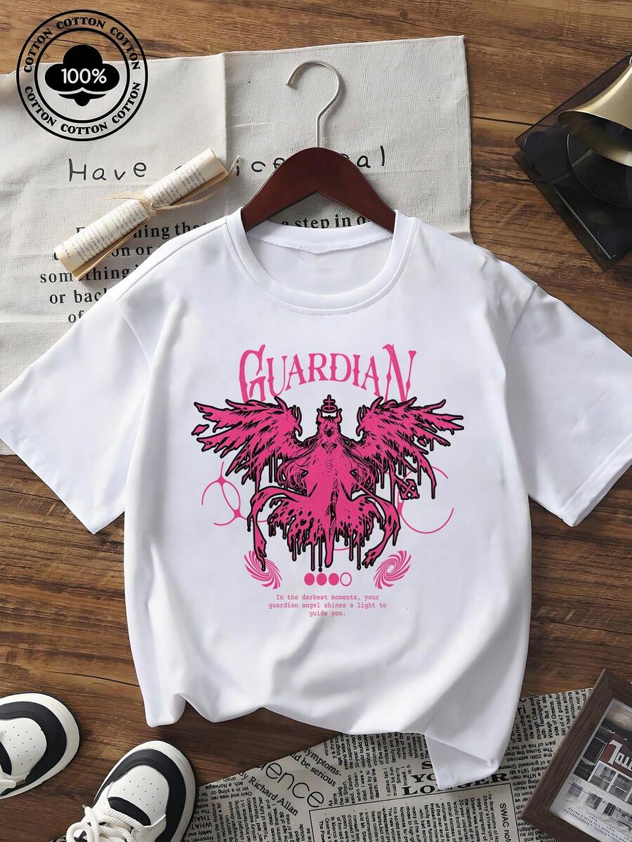 Women's Short Sleeve Guardian Phoenix Graphic Print T-Shirt Crew Neck Casual Loose Fit Streetwear Aesthetic Summer Top Fashion Black Tee For Daily Wear - 黑色 - 查看 1